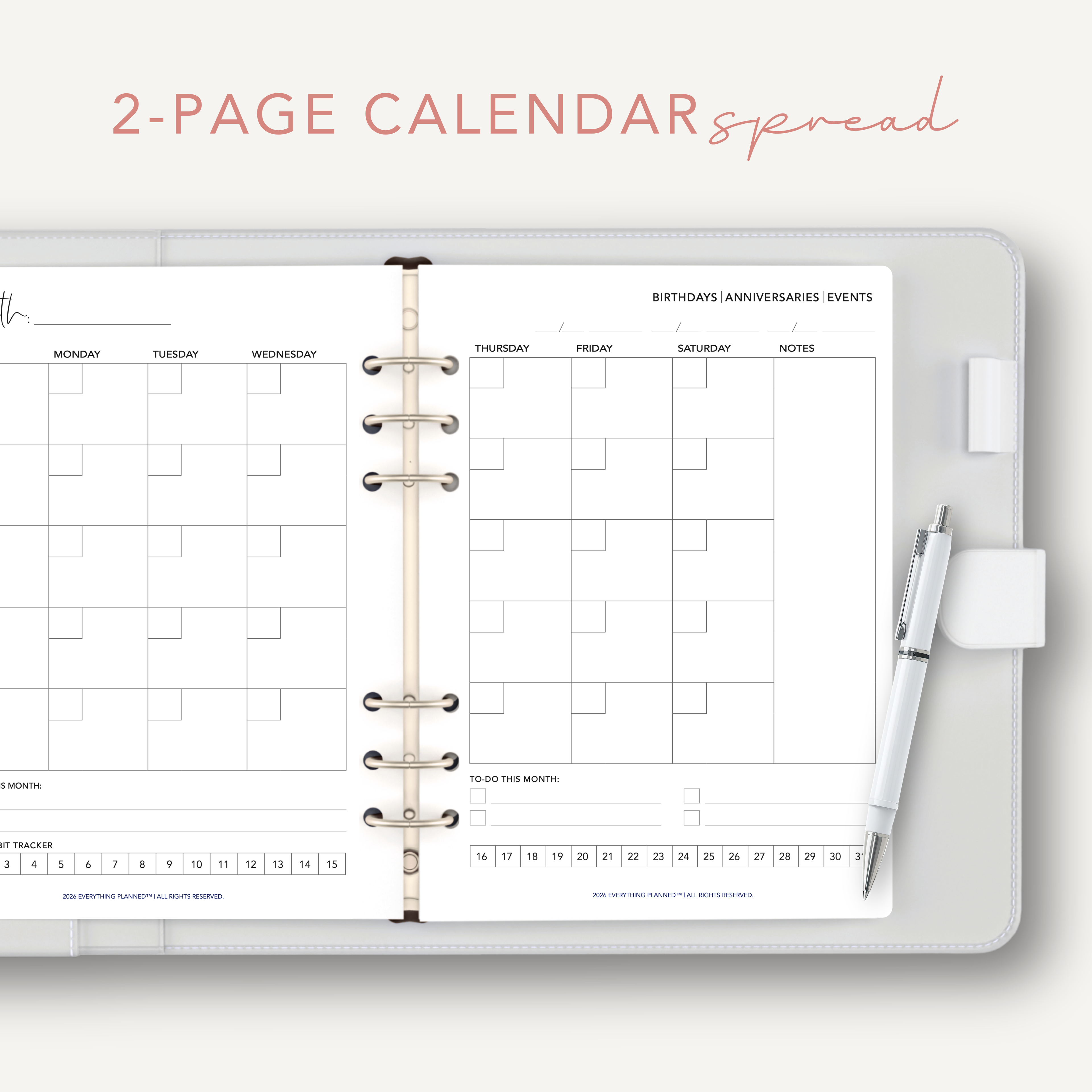 2-Page Undated Monthly Personal Planner Calendar