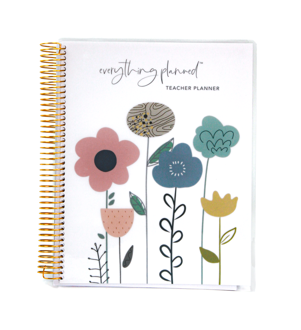 Teacher planner with floral design on a white background