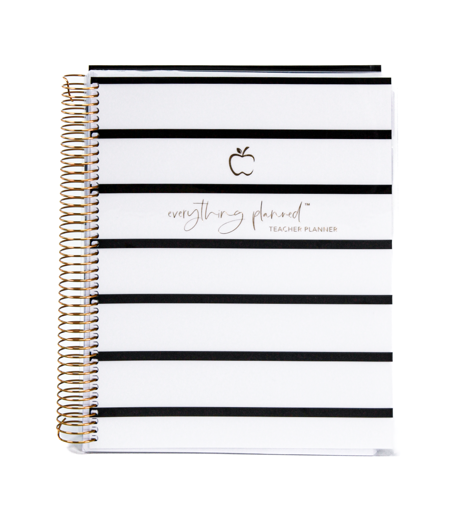 Teacher planner with black and white striped design and 'everything planned' text on a white background
