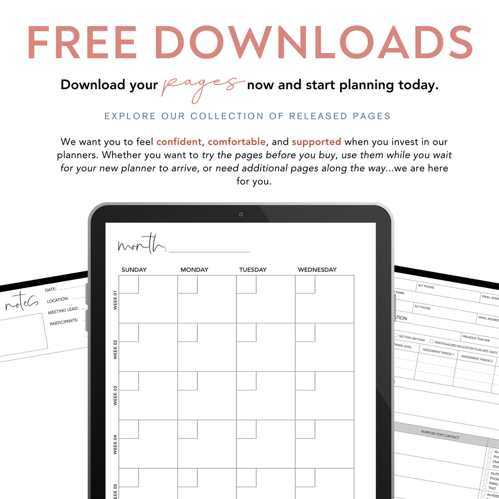 Promotional image for free downloads of planner pages with a tablet displaying a planner layout.