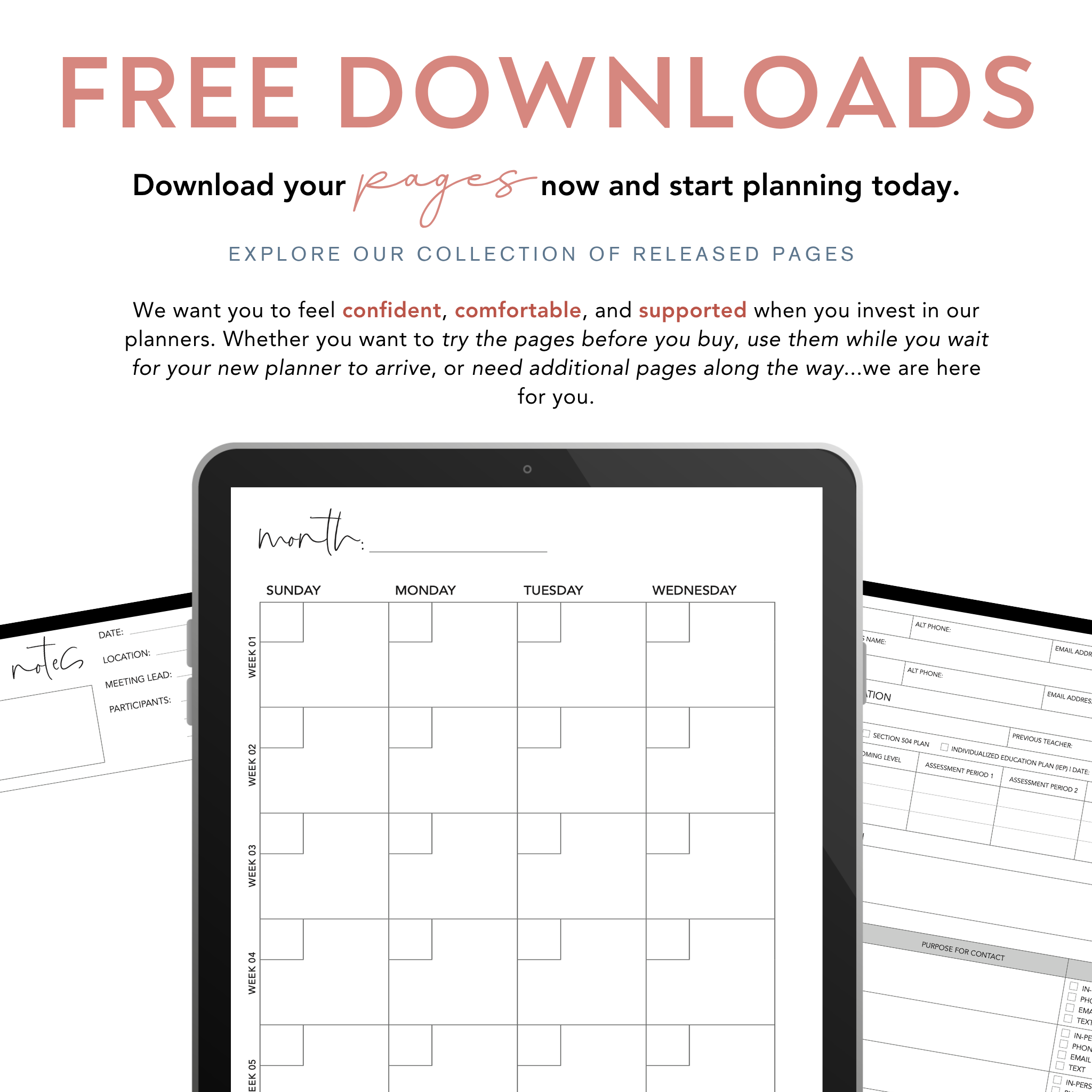 Promotional image for free downloads of planner pages with a tablet displaying a planner layout.